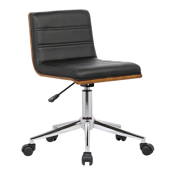 Armen Living Bowie Mid-Century Office Chair in Chrome finish with Black Faux Leather and Walnut Veneer Back